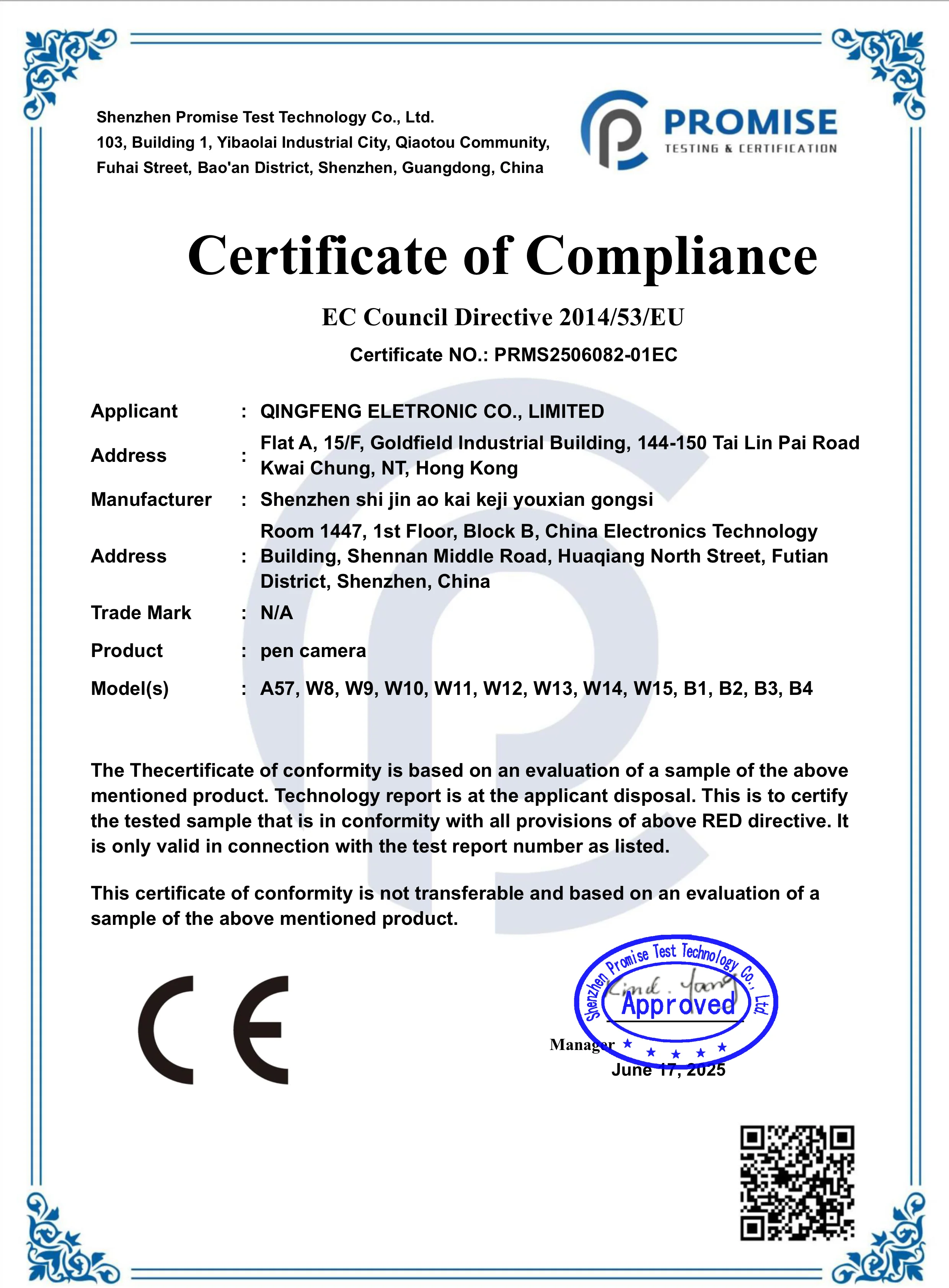 A57 WiFi pen camera CE compliance certificate